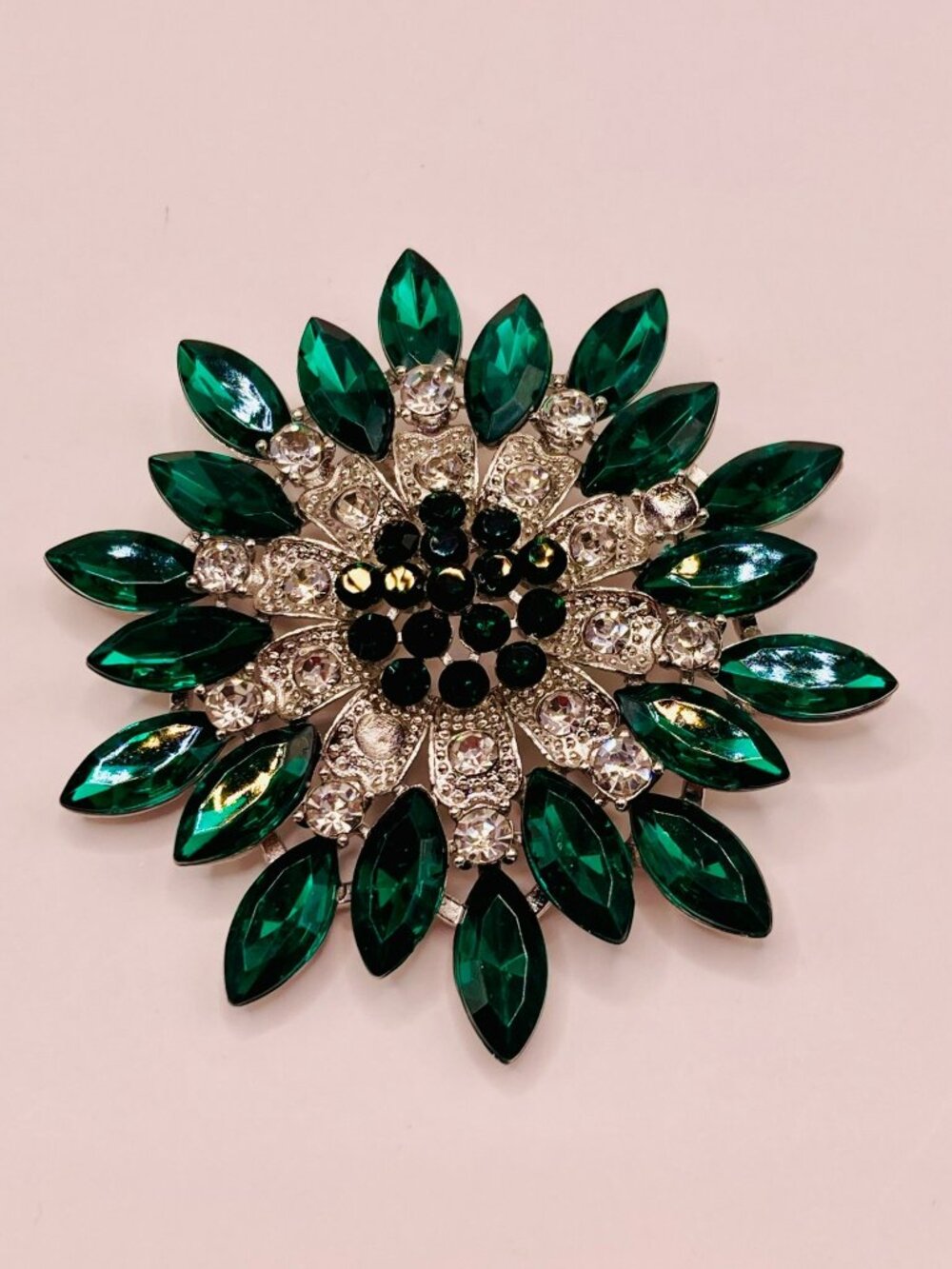 Green & Clear Rhinestone Silver-Tone Floral Brooch Pin -87B